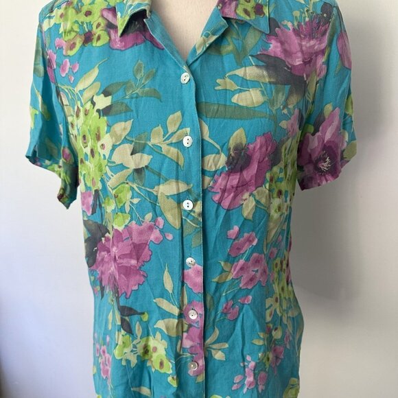 Caribbean  Joe Island Supply Co. Silk Red(1) Blue (1) Floral Print Womens Top M - Picture 11 of 12